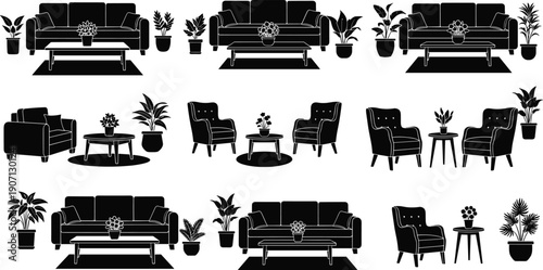 Set of modern living room furniture silhouettes including sofas armchairs tables and indoor plants for interior design and floor plan illustrations