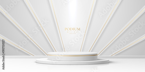 Cosmetic product white podium stand with golden rays vector background. 3d luxury white display podium platform, round pedestal or stage mockup with abstract minimal backdrop of gold lines pattern