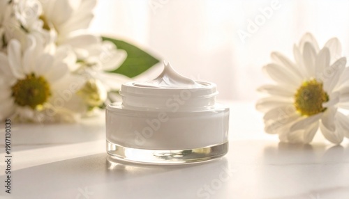 Jar of white cream on smooth white surface, green leafy plants and flowering terracotta pot in background, sunlight streaming through window, serene natural ambiance.
