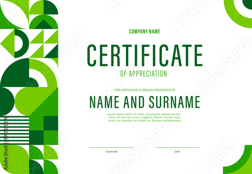 Certificate of appreciation with green geometric pattern. Modern vector diploma of appreciation template for professional recognition featuring clean typography and vibrant green shapes on the borders