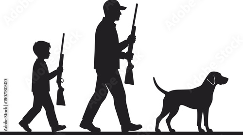 Father and son hunters walking with rifles and hunting dog silhouettes isolated on white background representing outdoor tradition and family bonding