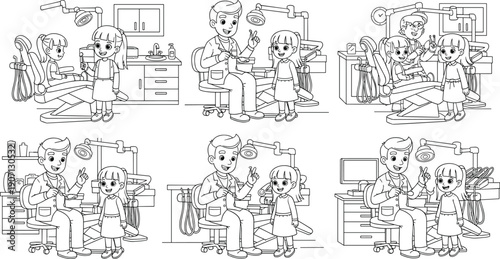 Set of children coloring page vectors featuring a friendly male dentist and female patient in a professional dental clinic office