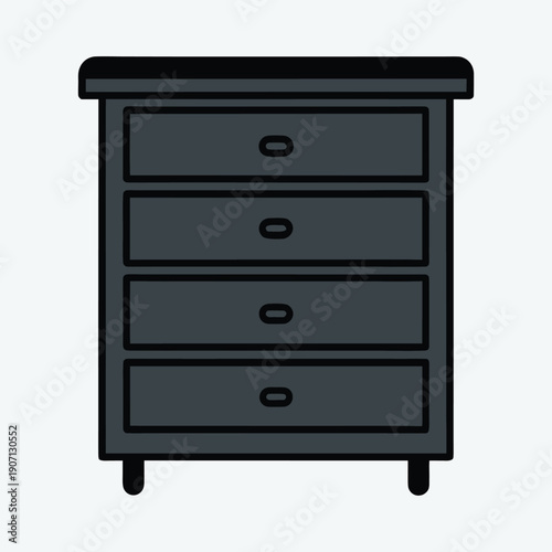White outline drawing of a four-drawer dresser or chest of drawers on a dark gray background