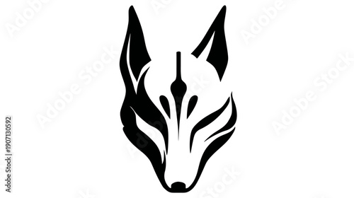 A symmetrical black and white illustration of a stylized animal head with sharp ears, streamlined design