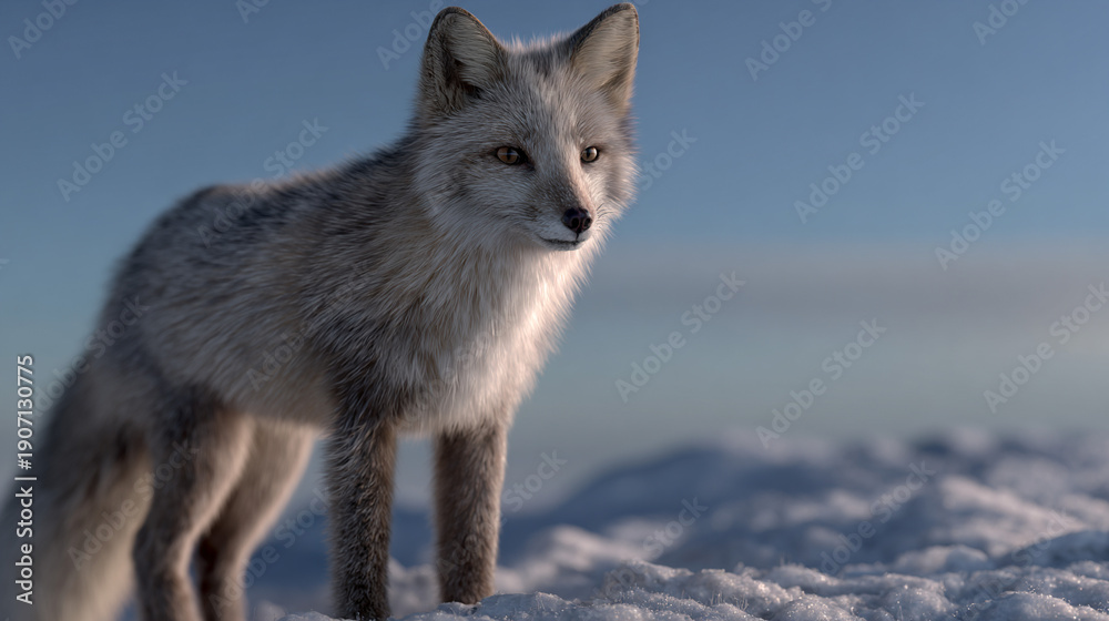 Fototapeta premium Silver fox standing on a snowy tundra.