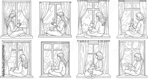 Set of coloring page vectors featuring a girl with a cat looking out a rainy window for relaxation and mindfulness activities