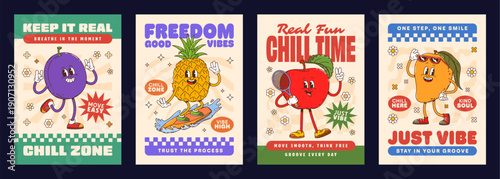 Funny ripe fruits groovy characters posters. Vector cheerful y2k plum, pineapple, apple and mango with friendly faces and motivating slogans, expressing fun, freedom, confidence, and a chill lifestyle