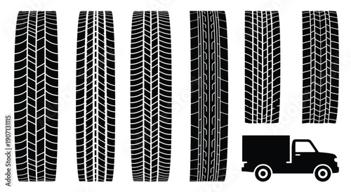 Six tire tread patterns with a delivery van illustration