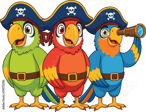 Cartoon Pirate Parrots Crew Wearing Hats With Skull Emblem Isolated Vector Illustration For Kids Design