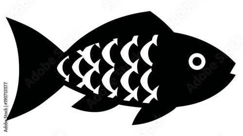 A black and white fish illustration with stylized scales, fins, and a simple eye