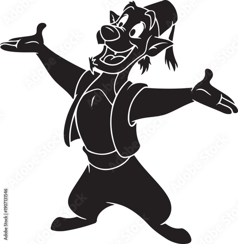 A cartoon pirate character in a dynamic pose with arms outstretched and a cheerful expression.