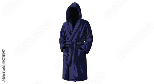 A dark blue hooded bathrobe isolated on a white background