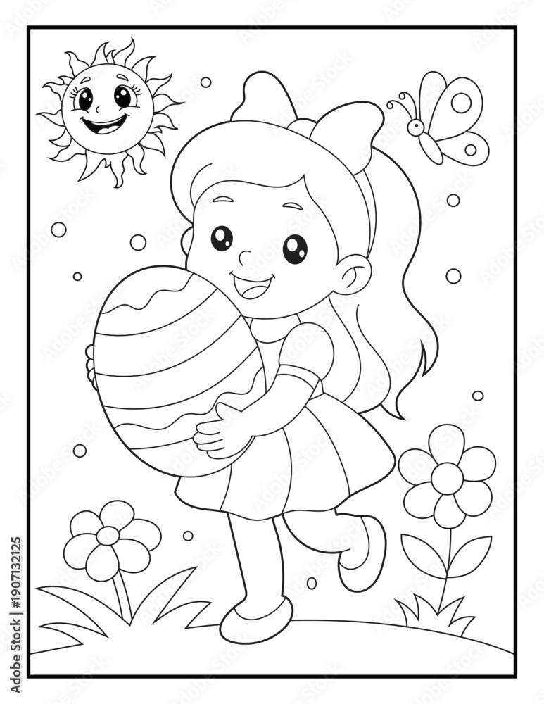Obraz premium Black and White Line Art of a Girl Holding an Easter Egg. Kids' Holiday Coloring Page Isolated on White 