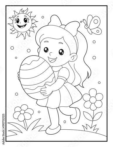 Wallpaper Mural Black and White Line Art of a Girl Holding an Easter Egg. Kids' Holiday Coloring Page Isolated on White
 Torontodigital.ca