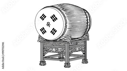 A black and white line drawing of a large cylindrical drum on a decorative stand