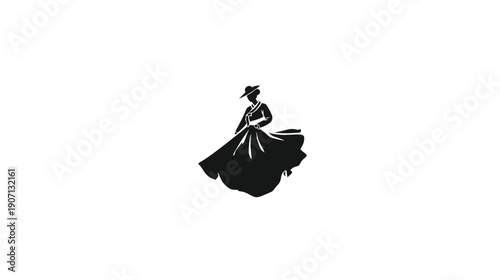 A silhouette of a woman wearing a traditional, flowing garment and a hat, against a white background