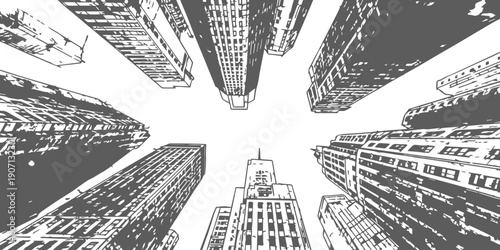 Dramatic low angle view of towering skyscrapers reaching towards a bright sky in a monochrome urban cityscape vector illustration