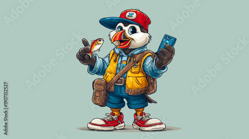A cartoon bird character dressed as a mail carrier, holding a fish and phone, with red shoes