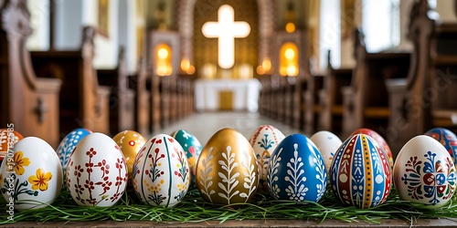 Decorated easter eggs with cross inside church
