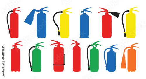 Colorful fire extinguishers arranged in a grid pattern on a white background
