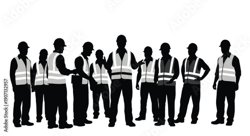 Construction workers in silhouette some shaking hands in agreement