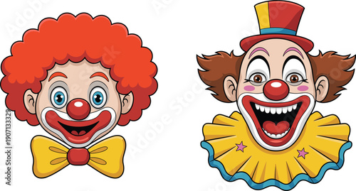 Cartoon clown face vector illustration set, colorful circus joker heads with bow tie and ruffled collar, smiling characters