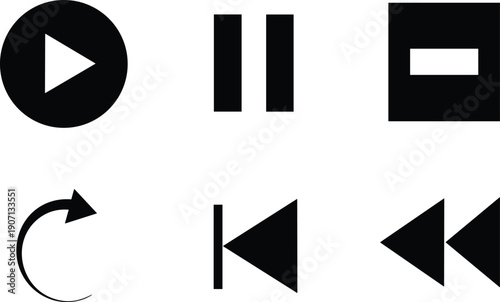 Collection of six black media playback icons on white background
