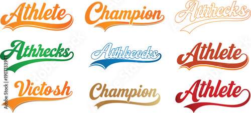 Assortment of Sports Themed Word Art in Various Colors athlete champion