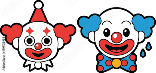 Cartoon clown face vector illustration set, cute circus joker heads with hats, bow tie, funny smiling character icons