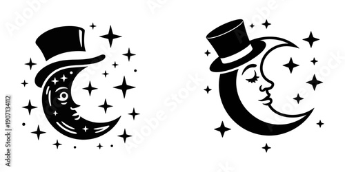 Crescent moon with top hat in mystical starry night silhouette