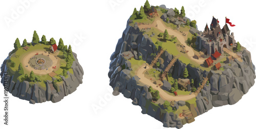 PrintIsometric 3D terrain game environment with castle stronghold plateau camp trees rocky cliffs strategy role playing fantasy concept art