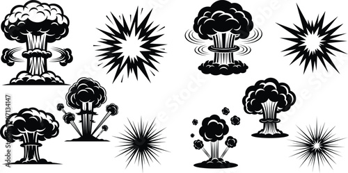 Collection of powerful comic style explosion mushroom clouds and dynamic starburst effects for action designs