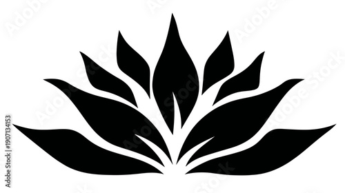 A stylized black and white graphic depicting a floral form, reminiscent of a lotus