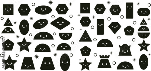 Collection of simple geometric shapes featuring various facial expressions and small decorative elements