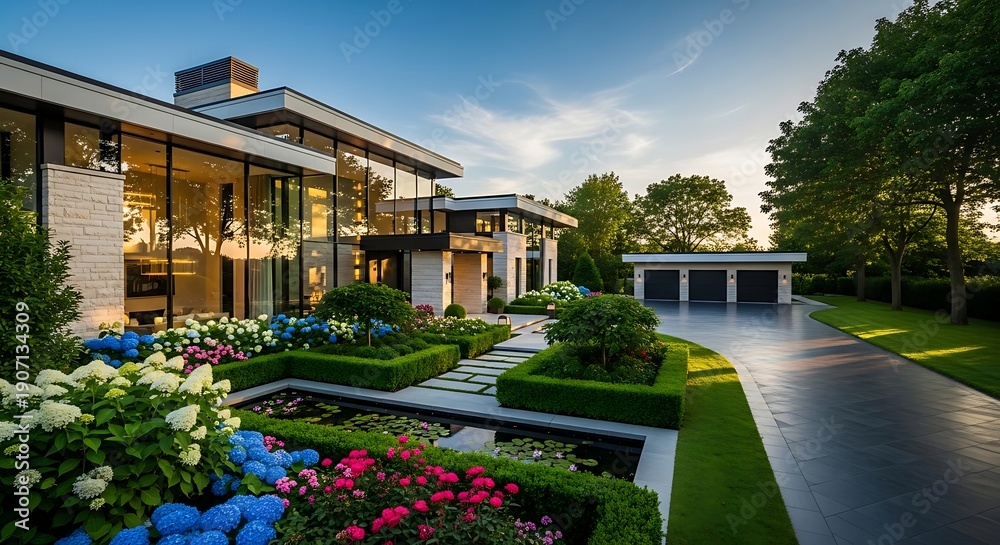 Obraz premium Luxurious modern house with a beautiful garden and driveway at sunset