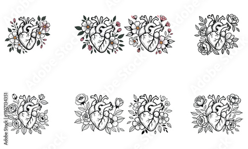 Decorative floral ornament engraving style illustration set
