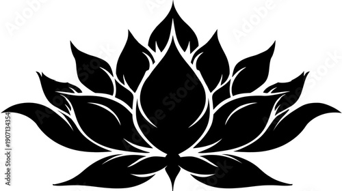 A symmetrical black and white illustration of a stylized lotus flower