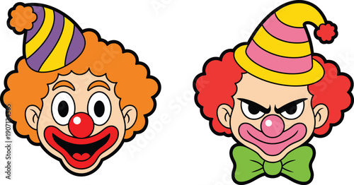 Cartoon clown face vector illustration set, cute and angry circus joker heads with party hats, colorful character icons