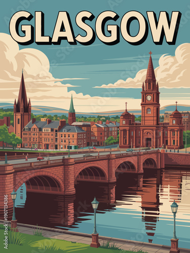 Glasgow poster, vintage Scotland cityscape with Victorian architecture and stone bridge