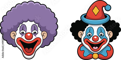 Cartoon clown face vector illustration set, funny colorful circus joker heads with hats and makeup isolated white background design icons