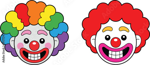 Cartoon clown face vector illustration set, colorful funny circus joker heads with smiling expressions isolated on white background