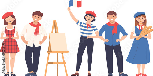 Happy people in traditional french clothing vector, flat illustration of culture with flag and baguettes