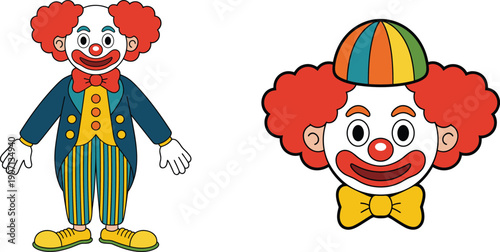 Cartoon clown character vector illustration set, colorful circus joker full body and smiling face mascot isolated on white