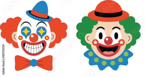 Cartoon clown face vector illustration set, colorful circus joker heads with hats, bow ties, funny smiling characters isolated