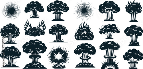 Many different powerful explosion and flame silhouettes appearing as symbolic graphic elements
