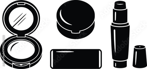 Black silhouette vector set of compact powder case, lipstick and cosmetic packaging icons