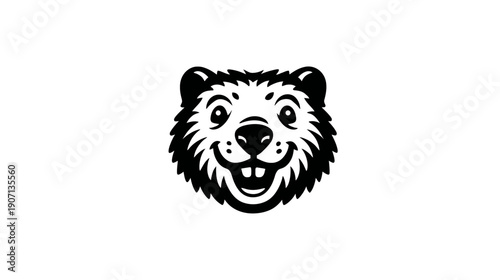 A smiling, cartoonish face of an animal, stylized with black and white