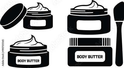 Black silhouette vector set of body butter cream jars with lid and spatula applicator icons
