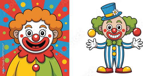 Funny cartoon clown character vector illustration set, colorful circus joker face and full body performer with balls isolated white background
