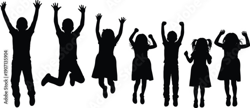 Black silhouettes of happy diverse children jumping and cheering in the air isolated on white background, concept of childhood joy, success, and freedom